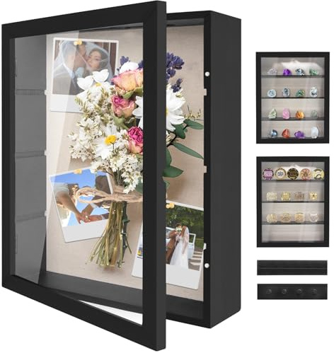 YEPOTUE Shadow Box Display Case 11x14, Deep Shadow Box Picture Frame with Linen Back and Removable Shelves, Wooden Memory Box for Wedding Bouquet, Photos, Medals, Keepsakes (Black, 11x14)