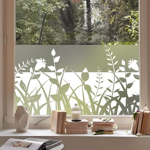 dktie Fensterfolie Blickdicht Sichtschutzfolie Weißem Hohlem Pflanzenmuster Statische Aufkleber ohne Klebstoff Wiederverwendbar Geeignet für Wohnzimmer, Schlafzimmer, Küche 44.5x200cm