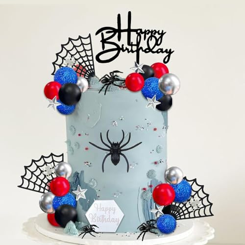 Spider Cake Topper, Glitter Spinnen Tortendeko Spider Kuchen Deko Happy Birthday Toppers Sterne Rot Silber Blau Kugeln Tortenaufleger für Kindergeburtstag, Thema Party (E)