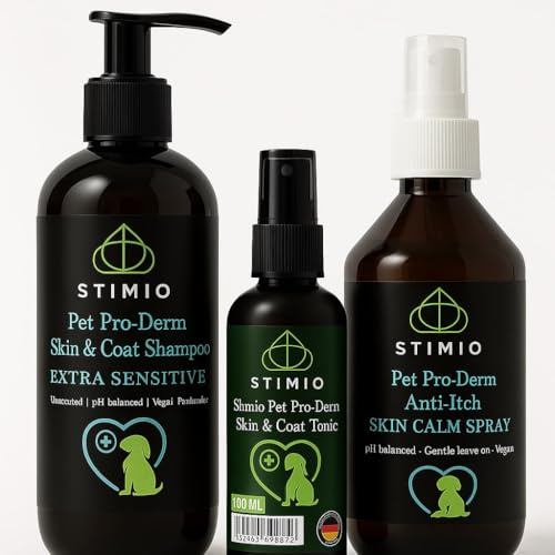 Stimio Pet Pro-Derm Hundepflege-Set 3-teilig – Shampoo Extra Sensitive 250 ml ohne Duftstoffe + Pflegespray 250 ml Ohne Ausspülen + Haut & Fell Tonic 100 ml – pH-Balanced, vegan, auch für Welpen