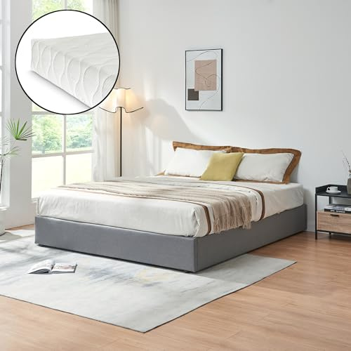 [en.casa] Cama Matrimonio NOLA Canapé Abatible con Somier y Colchón 160x200 cm Espacio de Almacenamiento Cama Tapizado Textil Tipo Lino MDF Contrachapado 206 x 161 x 28 cm - Gris