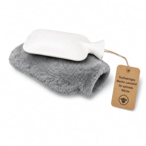 Fellhof Wärmflasche mit Lammfellbezug, 2 Liter | Hochwertiges Merino-Lammfell, Temperaturregulierend | Ideal für Kinder & Erwachsene | Inkl. weicher Baumwoll-Windel