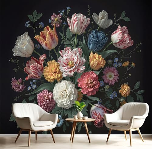 Papel Pintado de Seda Estilo Barroco Papel Tapiz Fotográfico Tulipanes Y Cosmos Fotomurales XXL Moderna Decorativos Murales para Diferentes Espacios, 400x280cm, Negro