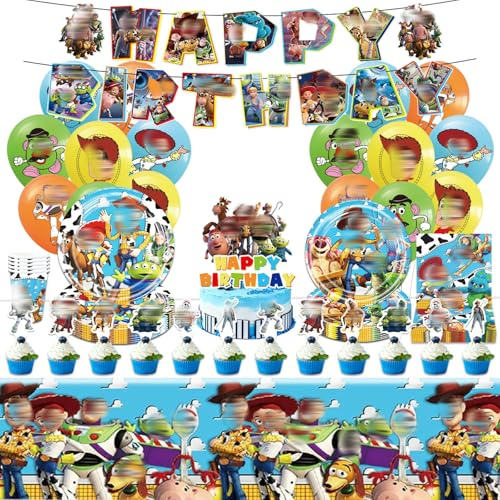 81Pcs Story Birthday Decorations, Birthday Party Decorations, Kids' Party Tableware Set with Balloons Cake Toppers Banner Plates Tablecloth Cup Napkins for Fans Girls