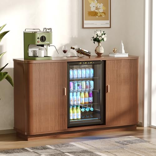Aparador buffet estriado de 130 cm de largo, mueble bar de café con espacio para refrigerador,mueble bar de vinos retro con puertas enrollables,estantes ajustables y botellero para cocina y comedor
