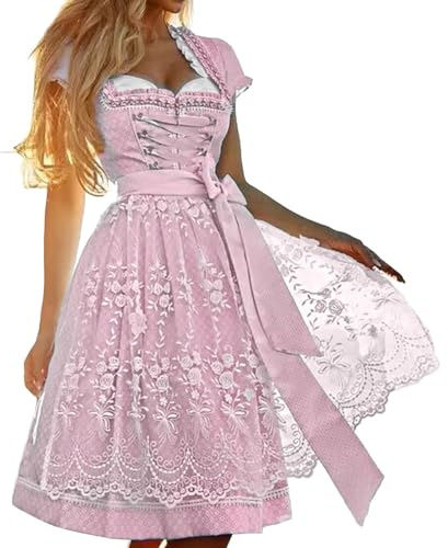 Dirndl Damen Oktoberfest Damen Outfit Midi Dirndlkleid Trachtenkleid inkl. Trachtenrock Dirndlbluse Dirndlschürze, Dirndl Kleidung Trachtenmode Kleid Schlicht Tracht Dirndlkleid Schürze Spitze Kleid