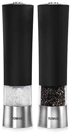 Tower T80400 Electric Salt and Pepper Mill, Stainless Steel, Black