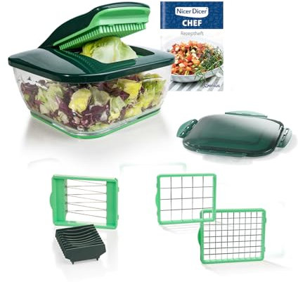 Genius Nicer Dicer Chef 9 pièces + trancheuse tomate légumes – pour une alimentation quotidienne consciente et saine Trancheuse à fruits, coupe-oignons, hachoir à choux, vert