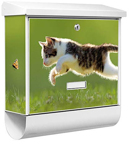 banjado® Burgwächter Briefkasten Weiß 38x39x12cm mit Motiv Jagende Katze/Briefkasten mit Zeitungsfach/Briefkasten mit Zeitungsrolle/Postkasten inkl. Montagematerial & 2 Schlüsseln