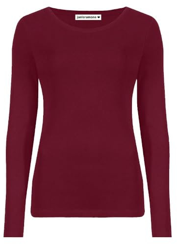janisramone Womens Ladies Round Neck Long Sleeve T-Shirt Stretchy Plain Fitted Basic Jersey Casual Tee Top Wine