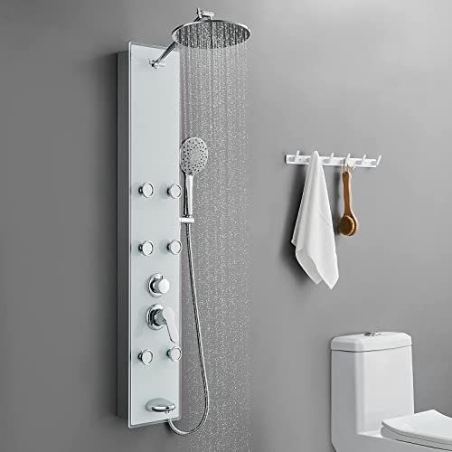POPFLY Tempered Glass Shower Panel Tower System, 9 Adjustable Shower Arm Height, 304 Stainless Steel White Shower Panels Tower with 6 Massage Jet and Tub Spout