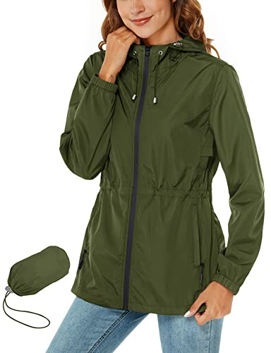 Rapbin regnrock kvinnor vattentät jacka lätt regnrockar utomhus regn trenchcoat packbara regnrockar med huva med ficka, Armégrön, XL