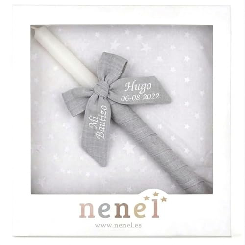 Vela para Bautizo personalizada - Vela Bautismal Personalizable con nombre y fecha – Cirio sacramental decorado - Cirio de Bautiz - Modelo Bambula – Nenel (Gris)