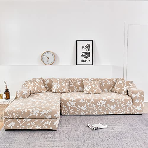 ShowyLive Sofa Überzug Couch Überzug 2er Set für Ecksofa L-Form Sofabezug 3 Sitzer+3 Sitzer, mit 4 Stück Kissenbezug, Weißes Blumenmuster