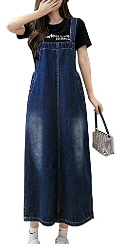 Yishengwan Salopette Gonna Donna Jeans Lunga Vestito Salopette Overall Senza Maniche Denim Vestiti con Tasca Blu Scuro XXL