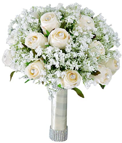 URFEDA Brautstrauß Brautstrauss Hochzeit Hochzeitssträuße aus Kristallseide brautstrauß künstlich Rose Blumen Blumenstrauß künstlich Rosen weiße Hochzeit Blumen Brautjungfer Blumensträuße