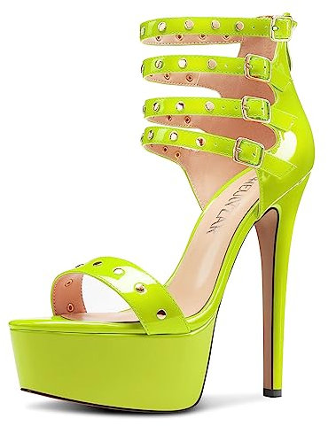 HEUIVZAR Mujer Plataforma Aguja Alto High Heel Abierta Punta Sandalias Correa Tobillo Cremallera Cierre con Hebilla Fiesta Verano Zapatos Verde Lima 39 EU