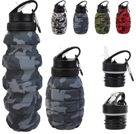 KUNHANG Collapsible Travel Water cycling Bottle, Reuseable Silicone Foldable Water Bottles for Gym Camping Hiking, Portable Leak Proof Sports Water Army camouflage Bottle with grenade Carabiner