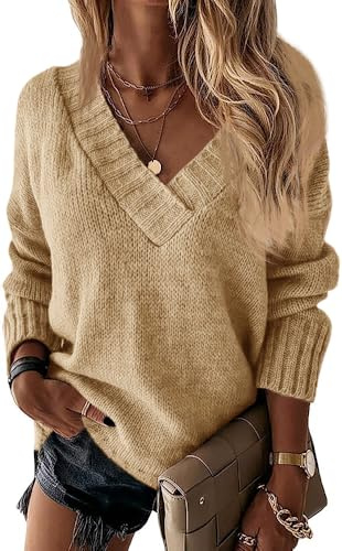 Wenrine Jersey de Invierno para Mujer, Manga Larga, Cuello en V, Sexy, Suelto, Monocolor(Caqui,S)