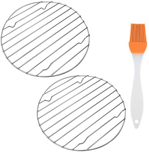 2 Stainless Steel Grill Cooling Racks with 1 Brush, Non-Stick Round Cooling Rack, Air Fryer Storage Rack Round, Foldable Cooling Rack, Cake Cooling Rack