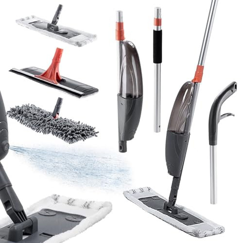 KADAX Tergicristallo con funzione spray e 3 punte intercambiabili, serbatoio dell'acqua da 520 ml, lavapavimenti con funzione spray, panno in microfibra con funzione spray, spazzola per pavimenti,