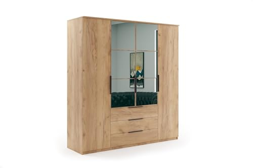 BM-Möbel Kleiderschrank mit Drehtüren, Schubladen und Spiegel - mit Einlegeböden und Kleiderstange - für Garderobe, Schlafzimmer - Modern - Eiche Gold Craft Holzimitat - 200 cm B, 215 cm H