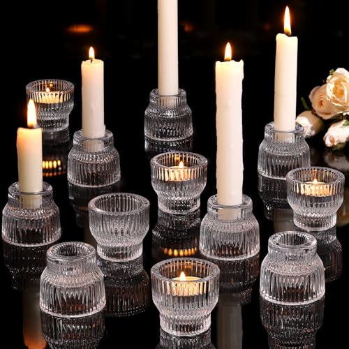 12 Pack Clear Taper Candle Holders, Glass Candlestick Holders