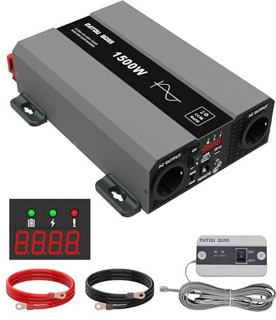 DATOUBOSS Convertisseur 12v 220v/230v Pur Sinus 1500W/3000W, Convertisseur 12v 220v 1500W, avec 2 Prises EU, Sortie USB/USB-C Et Écran LCD, Transformateur pour Camping-Cars, Camions, Camping