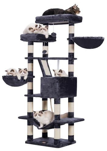 Heybly Rascador para Gatos, Árbol para Gatos, Altura 173 cm, Torre de Gato, con 17 Postes Rascadores, 2 Plataformas, 2 Cesta, 1 Cueva, 1 Hamaca, 2 Pompones, Tela de Felpa, Gris Ahumado HCT025G
