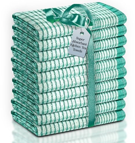 BellaTela Wonderdry Large Cotton Tea Towels for Kitchen (50 x 75cm) Pack of 10 - Super Absorbent, Quick Drying & Long Lasting - Premium Kitchen tea Towels - Suitable for Home, Catering, Bars (Green)