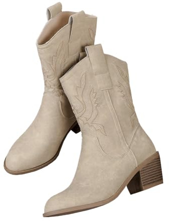 Bailey Xingqi Bottes de Cowboy pour femmes à bout pointu Bottes mi-mollet Dames Retro brodé bottes d’équitation avec talon épais（Beige EU39）
