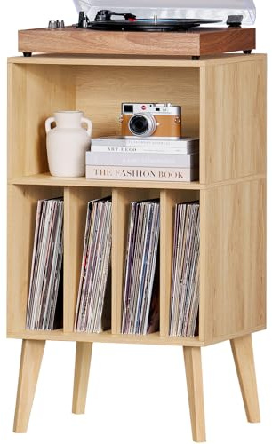 Soporte para tocadiscos, soporte para tocadiscos, puede acomodar hasta 160 álbumes, soporte de almacenamiento de vinilo Mid-Century con patas de madera, estante para tocadiscos, mesa auxiliar natural
