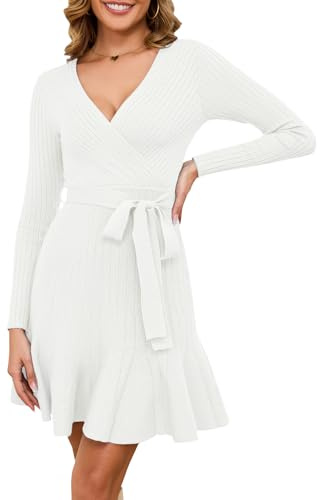 Arach&Cloz Jumper Dress for Women UK V Neck Winter Knitted Wrap Dress Long Sleeve Casual Party Dress with Belt (White,Medium)