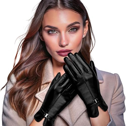 OZERO Winter Women's Leather Gloves, Sheepskin Wool Warm Women Leather Gloves With Touchscreen Fingers For Cold Weather Texting Driving -Black