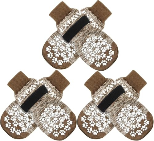 EXPAWLORER Hundesocken Anti-Rutsch doppelseitig, 3 Paar weiche Socken Leckschutz Hund Pfote, Pfotenschutz für Verletzung mit verstellbaren Klettverschlüssen, Traktion für den Innenbereich, Braun XS