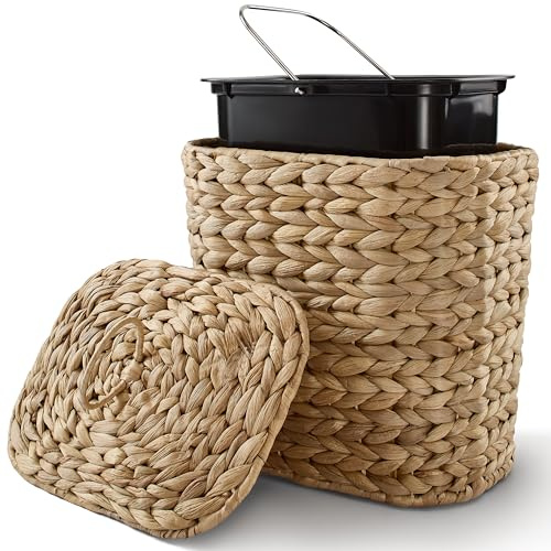 Tidita 1.3 Gallons Wicker Woven Waste Basket with Lid - Oval Water Hyacinth Trash Can with Handles - Seagrass Garbage Can for Bedroom, Bathroom, Kitchen, Office - Handwoven Slim Bin for Under Sink
