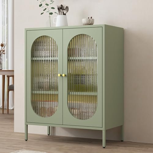 Moderner Stahlschrank mit Glastüren und Regalen für Küche, Wohnzimmer und Esszimmer, grüner Akzent