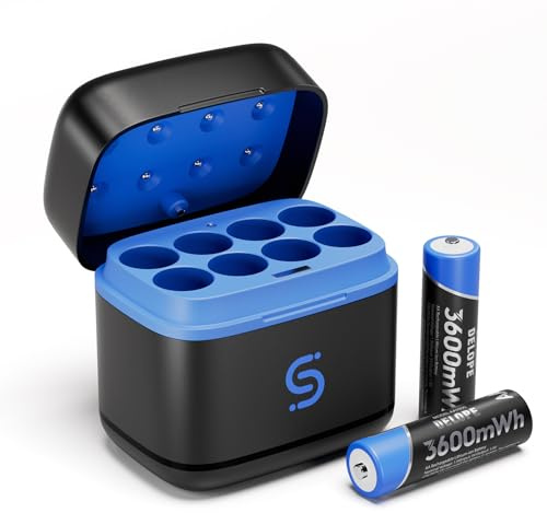 AA Batteries with Charger, Rechargeable AA Lithium Battery with Integrated Charging Storage Box Support Charging NiMH-Battery (Charger and 2 Pack AA Batteries)
