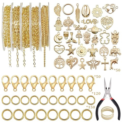 14K Gold Chains for Jewellery Making Kit Brass Cable Link Chain Satellite Chain with 304 Stainless Steel Open Jump Ring Lobster Claw Clasps Jewelry Making Kit for Men Women Necklace DIY Craft