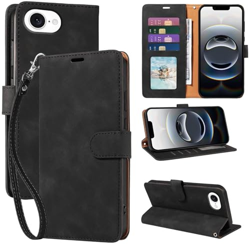 GOTOURED for iPhone 16e Case Wallet with 4 Card Slots & Strap (Black) | PU leather flip cover, RFID blocking, magnetic closure, shockproof protection, folio design, kickstand, phone case