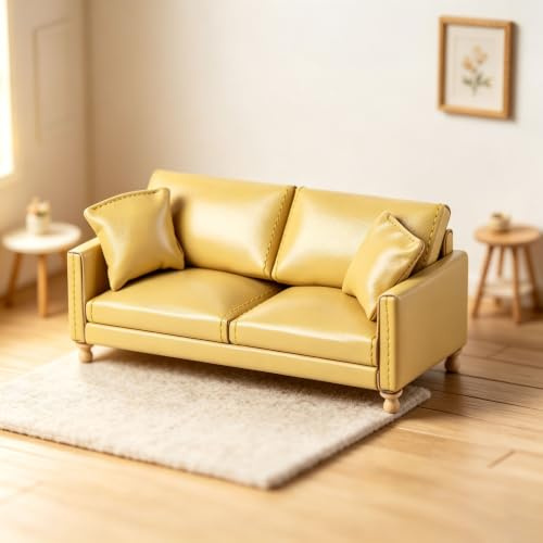 Minamzee 1:12 Puppenhausmöbel Leder Couch, Modernes Miniatur Doppelsofa mit Kissen, Luxus Stühle Wohnzimmer & Schlafzimmer Möbel für Puppenhaus(Gelb)