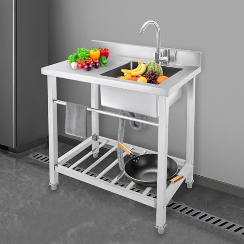 Outdoor Spüle Freistehende Küchenspüle mit Unterschrank, Camping Spülbecken Edelstahl Waschbecken Spültisch, Kommerzielle Gastro Spülenschrank mit Spüle und Armatur für Garage & Waschküche