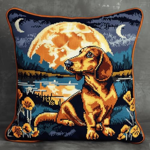 Kitquiver Knüpfhaken Set Kissen Dackel Hund Und Mond Knüpfkissen-Sets,Grobes Kreuzstich-Set,Diy-Stickerei-Nadelspitzen-Kit Für Heimdekoration 17x17In