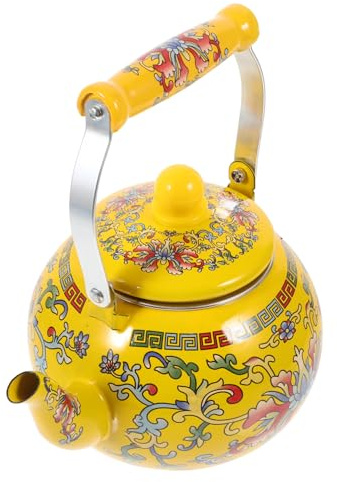GLEAVI 2.6l Thickened Enamel Tea Kettle Strainer Yellow Hook Lotus Stovetop Coffee and Flower Tea Pot Household Water Boiling Kettle for Kitchen and Office Use