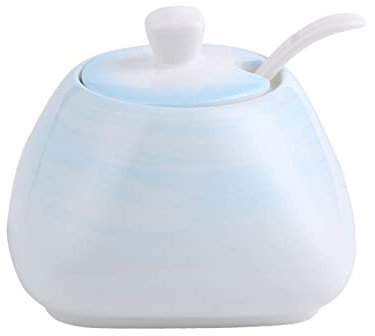 récipient à sucre， Pots à épices, sucrier en céramique coloré avec couvercle, Pot à sucre en porcelaine avec cuillère, petit Pot à sel, Pot de rangement, Pot simple(Blue)