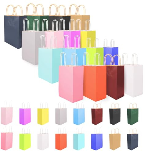 32 Sacs pour cadeaux : Sacs Kraft avec Poignée (21 x 15 x 8 cm), 16 Petits Sacspour cadeaux en couleurs différentes, Sacsen Papier polyvalents, Pochette Cadeau Anniversaire pour famille et amis