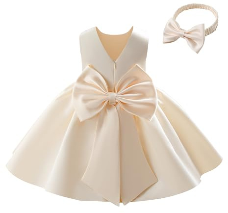 Miipat Klänning för baby flicka satin klänning brudtärna bowknot linje A V-back dop bröllop fest fest nattvard klänningar för barn från 6 månader till 4 år, Champagne, 12-18 mois