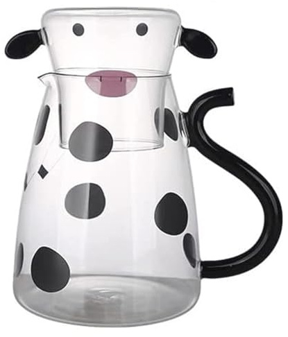 Bedside Water Carafe and Glass Set 1800ml, Cute Cow Glass Water Pitcher with Cup Lid, Juice Pitcher Milk Hot Cold Tea Beverage Juice Drink Jugs for Nightstand, Kitchen, Bedroom