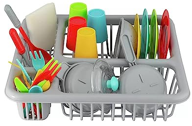 Kids Play Kitchen Dish Drainer Set with Colourful Utensils, Grey