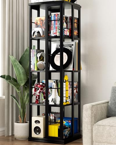 iSunirm Libreria girevole, libreria angolare, libreria in legno con rotazione a 360°, scaffale stretto da terra con ripiani girevoli, organizer per libri e oggetti, ideale per piccoli spazi, nera